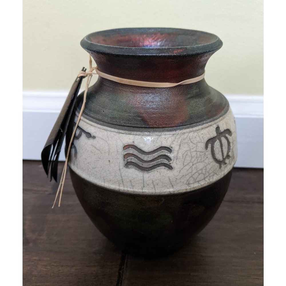 Raku Art Pottery Vase Bowl Signed by Artist Maui vintage 2000 copper turtle